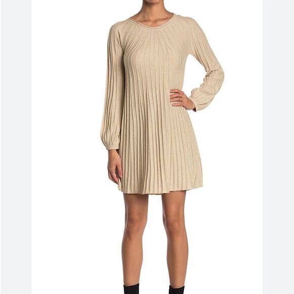 Max Studio Ribbed Knit Long Sleeve Sweater Dress – Modern A-Line in Cream - Picture 1 of 8